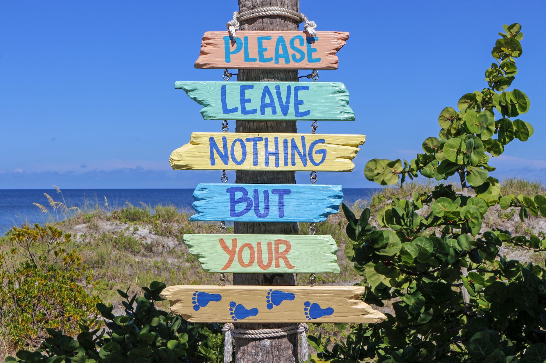 pink teal yellow multi color please leave nothing but your feet road signage