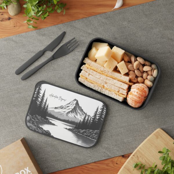 Eco Hiking Lunch Box | Charcoal Nature Art Design + Utensils Included - Image 5